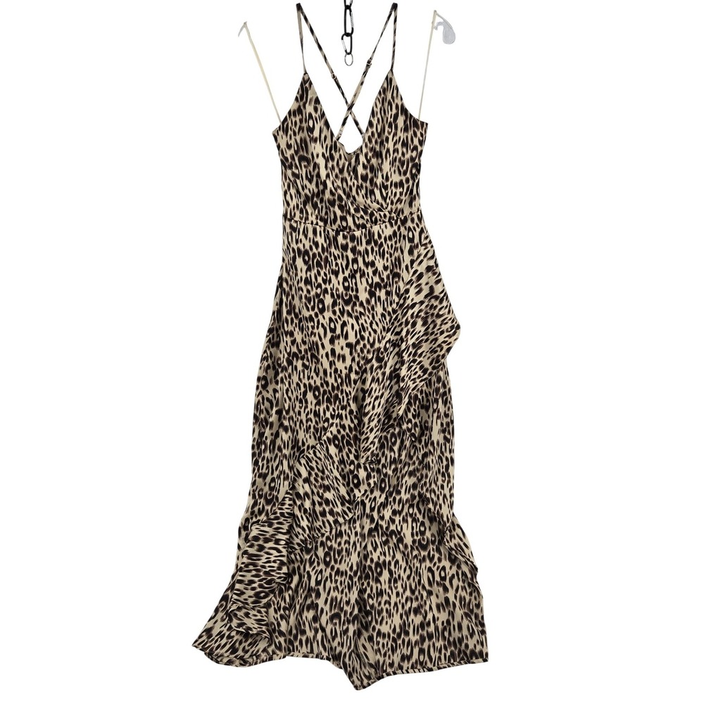 One One Six Dress Womens Small Brown Leopard Print Maxi Strappy Wrap‎ Ruffle